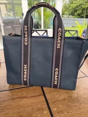 COACH Navy Pebbled Leather Messenger with Signature Web Straps